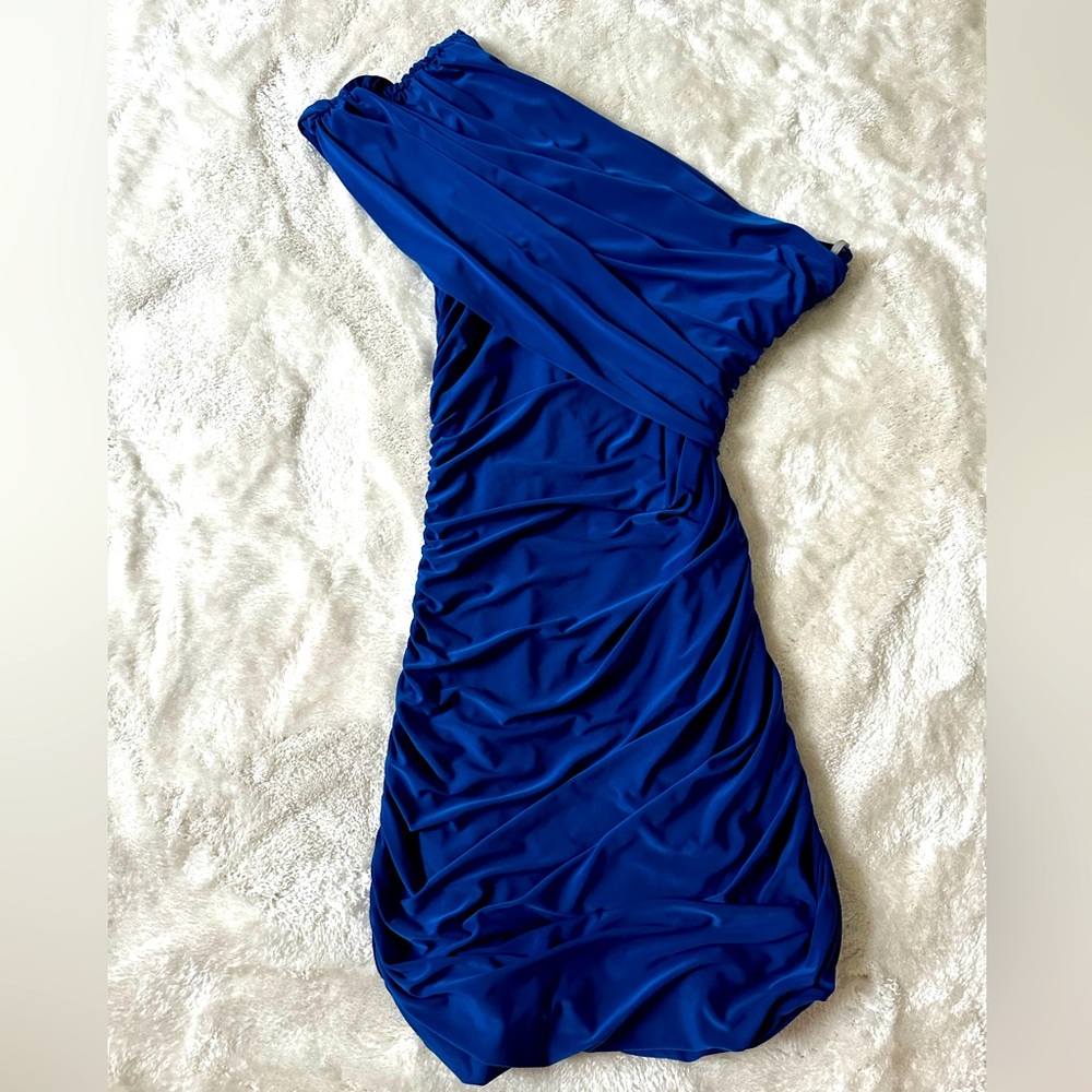 Aqua Cobalt Blue Bodycon Dress, Size M - One Shoulder